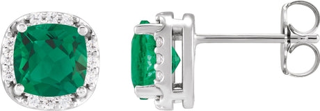 Platinum Lab-Grown Emerald & Natural Diamond Cushion Halo-Style Stud Earrings