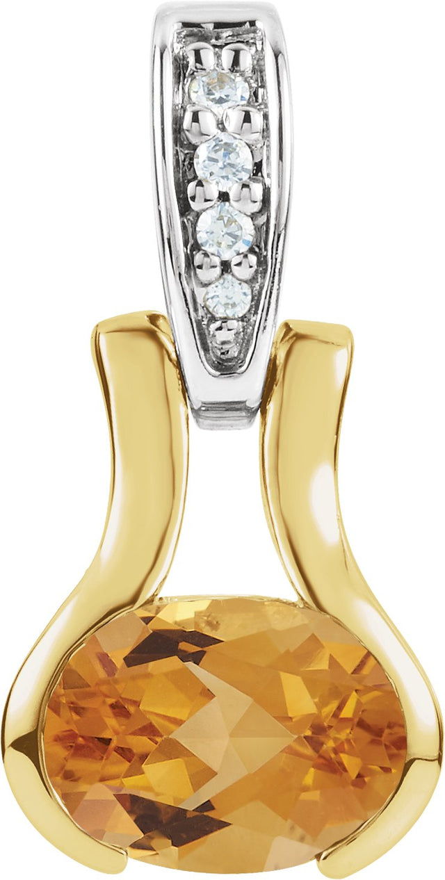 14K Gold Oval Natural Citrine & Natural Diamond Bezel-Set Pendant