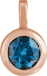 14K Gold Round Natural London Blue Topaz Solitaire Necklace or Pendant III - Rose Gold