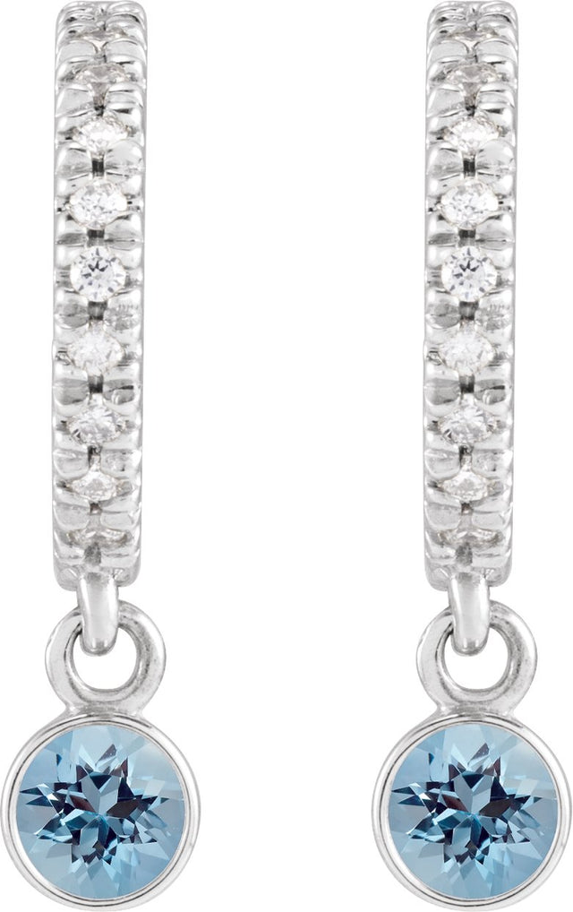 14K Gold Round Natural Aquamarine French-Set Hoop Earrings - White Gold - view 4