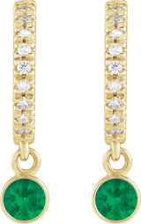 14K Gold Round Natural Emerald French-Set Hoop Earrings - Yellow Gold - view 4