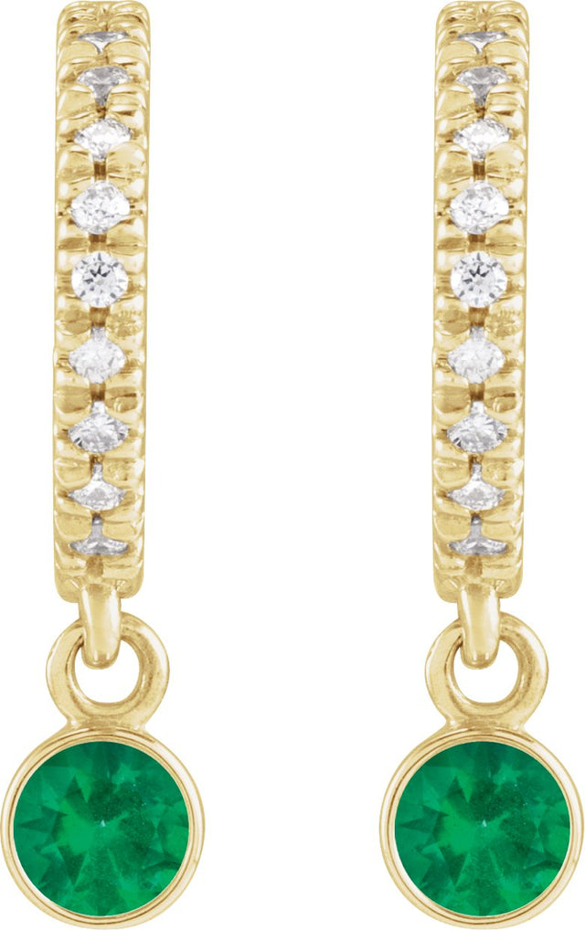14K Gold Round Natural Emerald French-Set Hoop Earrings - Yellow Gold - view 4