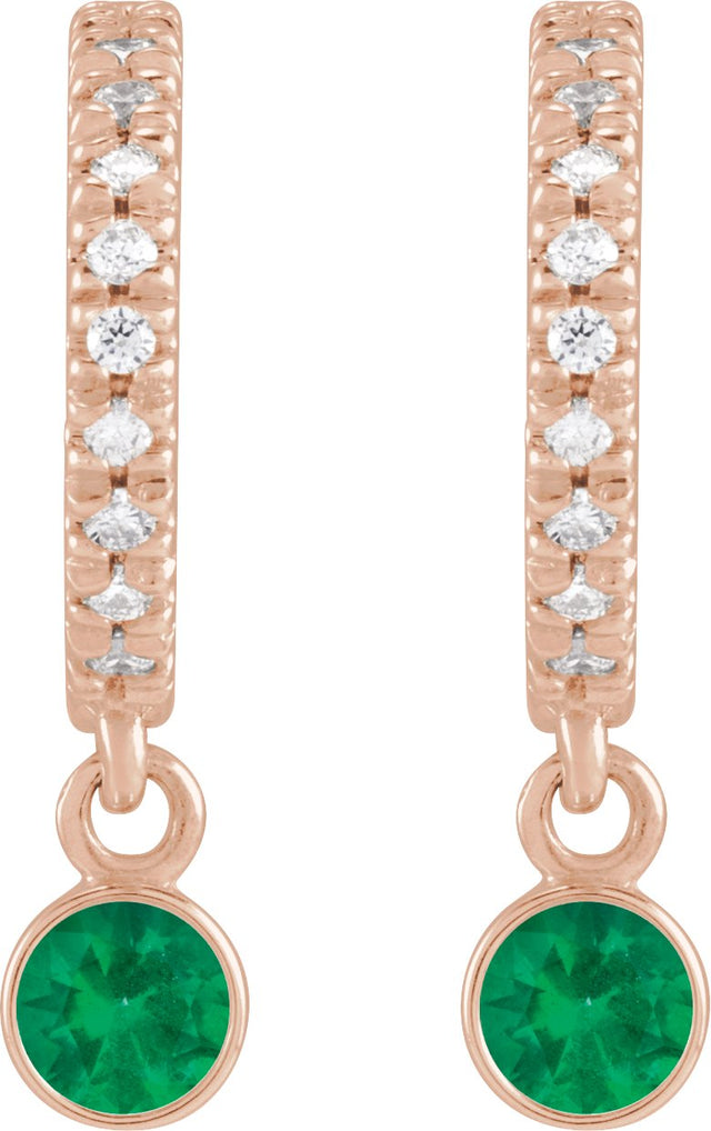 14K Gold Round Natural Emerald French-Set Hoop Earrings - Rose Gold - view 4