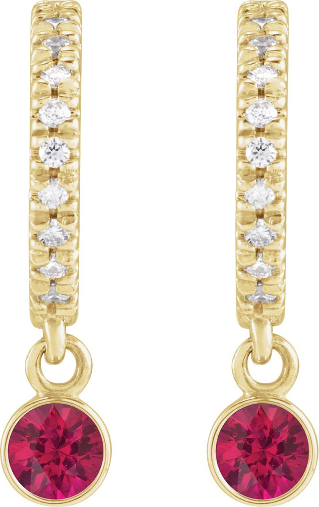 14K Gold Round Natural Ruby French-Set Hoop Earrings - Yellow Gold - view 4