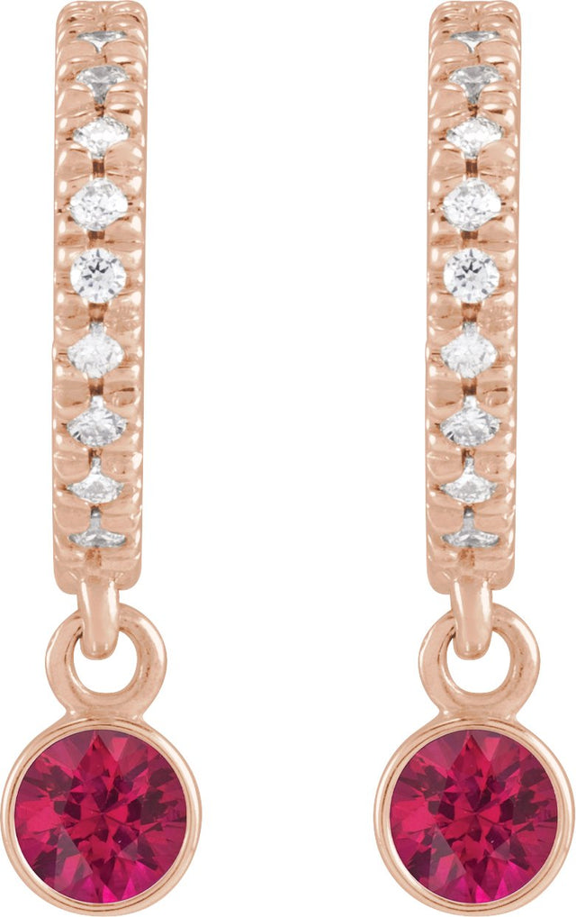 14K Gold Round Natural Ruby French-Set Hoop Earrings - Rose Gold - view 4