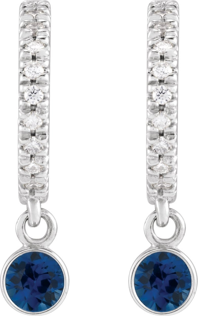 14K Gold Round Natural Blue Sapphire French-Set Hoop Earrings - White Gold - view 4