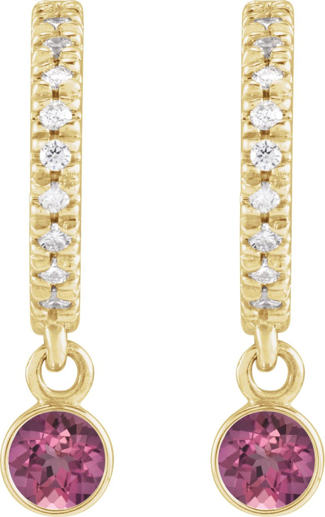 14K Gold Round Natural Pink Tourmaline French-Set Hoop Earrings - Yellow Gold - view 4
