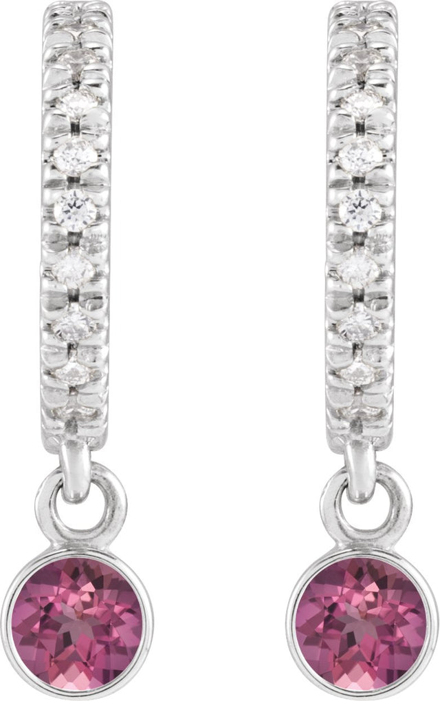 14K Gold Round Natural Pink Tourmaline French-Set Hoop Earrings - White Gold - view 4