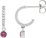 14K Gold Round Natural Pink Tourmaline French-Set Hoop Earrings - White Gold - view 3