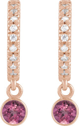 14K Gold Round Natural Pink Tourmaline French-Set Hoop Earrings - Rose Gold - view 4