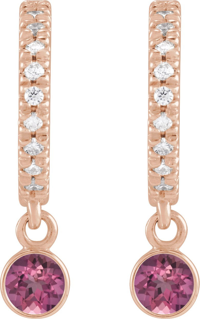 14K Gold Round Natural Pink Tourmaline French-Set Hoop Earrings - Rose Gold - view 4