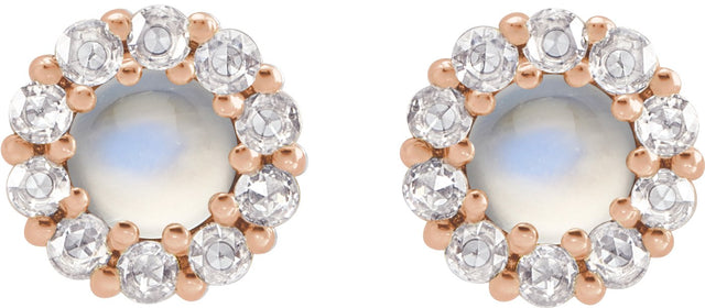 14K Gold Round Natural Rainbow Moonstone Rose-Cut Halo-Style Earrings - Rose Gold - view 8