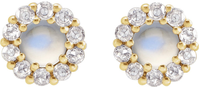 14K Gold Round Natural Rainbow Moonstone Rose-Cut Halo-Style Earrings - Yellow Gold - view 6