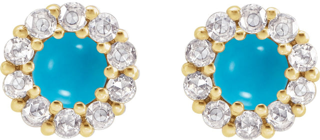 14K Gold Round Natural Turquoise Rose-Cut Halo-Style Earrings - Yellow Gold - view 6