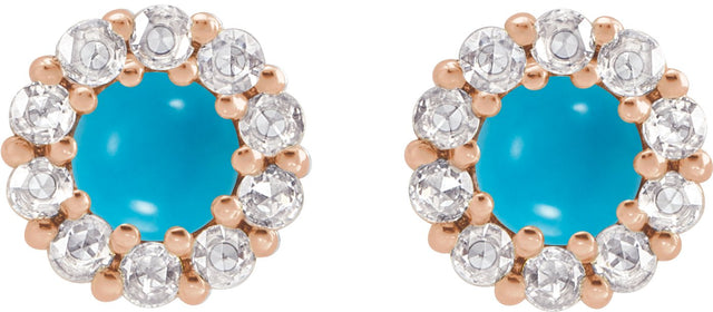 14K Gold Round Natural Turquoise Rose-Cut Halo-Style Earrings - Rose Gold - view 8