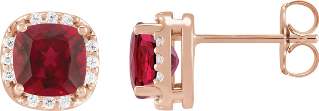 14K Gold Lab-Grown Ruby & Natural Diamond Cushion Halo-Style Stud Earrings - Rose Gold