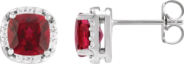 Platinum Lab-Grown Ruby & Natural Diamond Cushion Halo-Style Stud Earrings