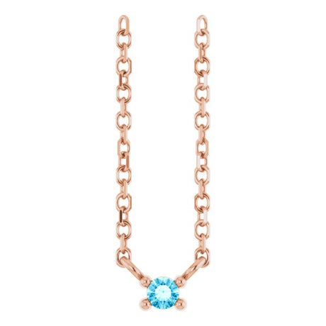 14K Gold Round Natural Aquamarine Birthstone Bar Necklace - Rose Gold