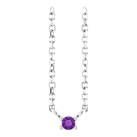 14K Gold Round Natural Amethyst Birthstone Bar Necklace - White Gold