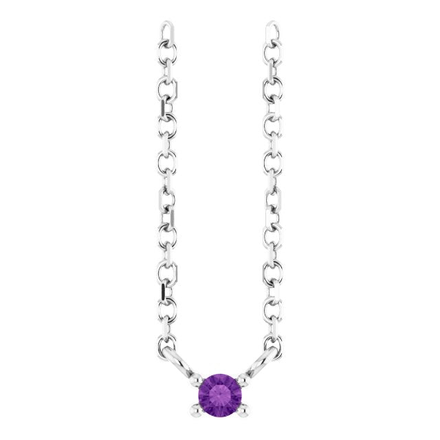 Platinum Round Natural Amethyst Birthstone Bar Necklace