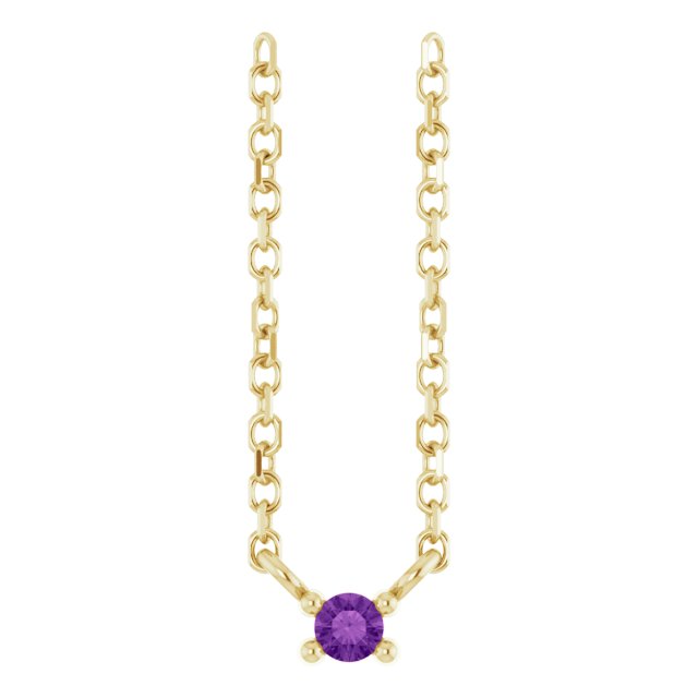 14K Gold Round Natural Amethyst Birthstone Bar Necklace - Yellow Gold