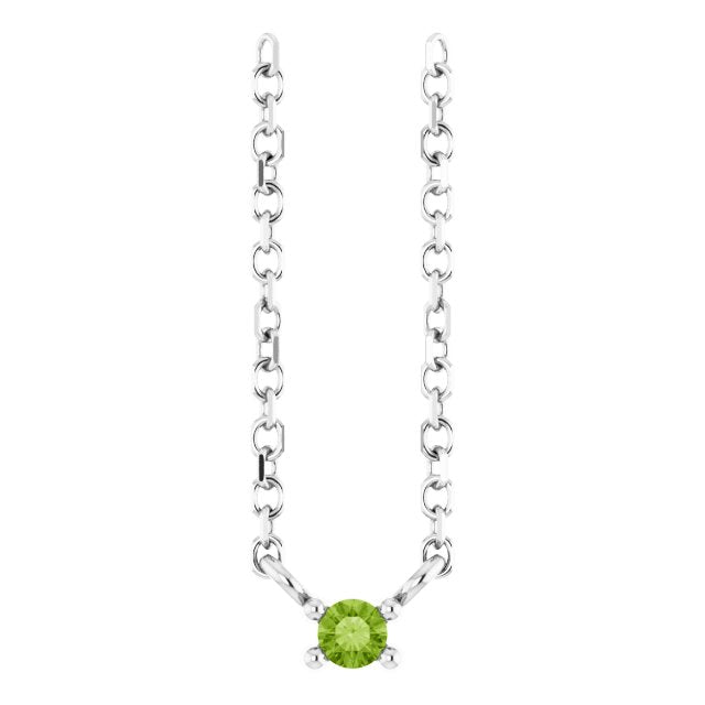 14K Gold Round Natural Peridot Birthstone Bar Necklace - White Gold