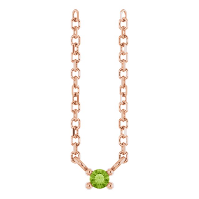 14K Gold Round Natural Peridot Birthstone Bar Necklace - Rose Gold