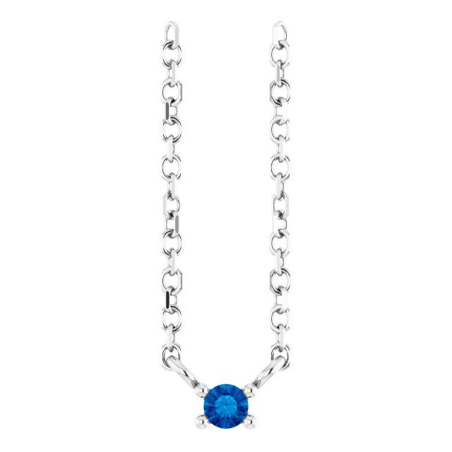 14K Gold Round Natural Blue Sapphire Birthstone Bar Necklace - White Gold
