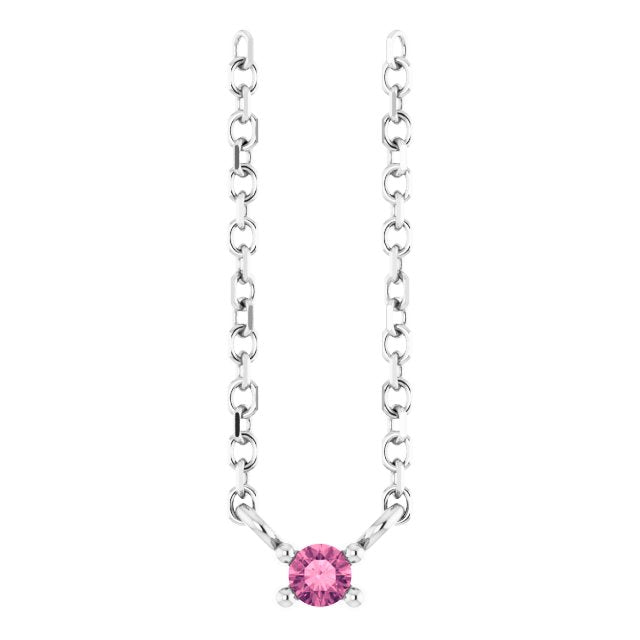 14K Gold Round Natural Pink Tourmaline Birthstone Bar Necklace - White Gold