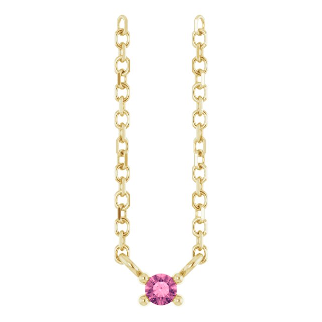 14K Gold Round Natural Pink Tourmaline Birthstone Bar Necklace - Yellow Gold