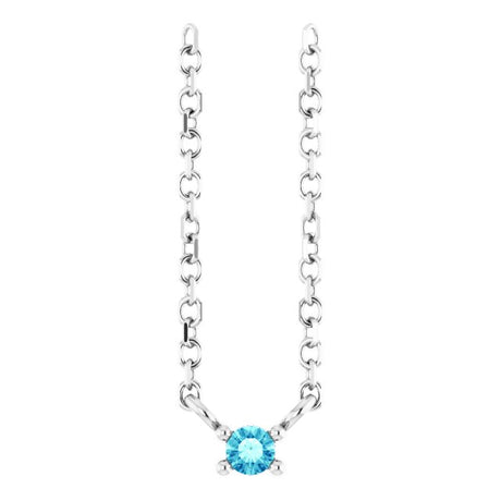 14K Gold Round Natural Blue Zircon Birthstone Bar Necklace - White Gold