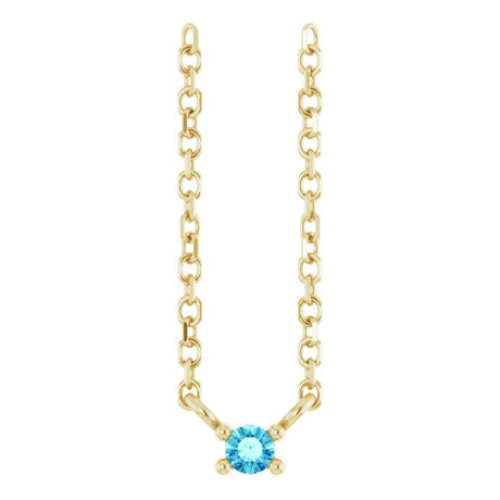 14K Gold Round Natural Blue Zircon Birthstone Bar Necklace - Yellow Gold