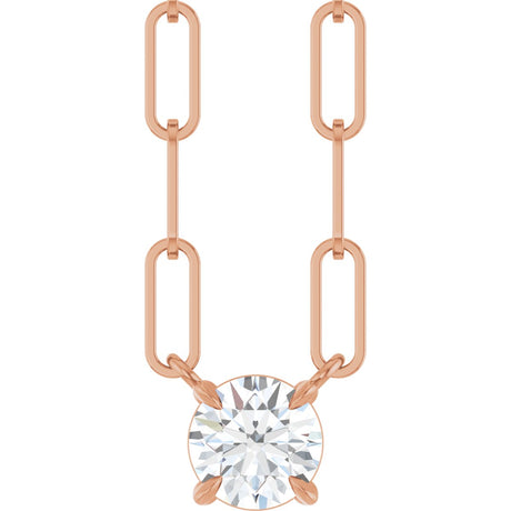 14K Gold Round Natural White Sapphire Solitaire Claw-Prong Necklace - Rose Gold
