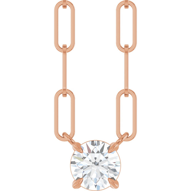 14K Gold Round Natural White Sapphire Solitaire Claw-Prong Necklace - Rose Gold