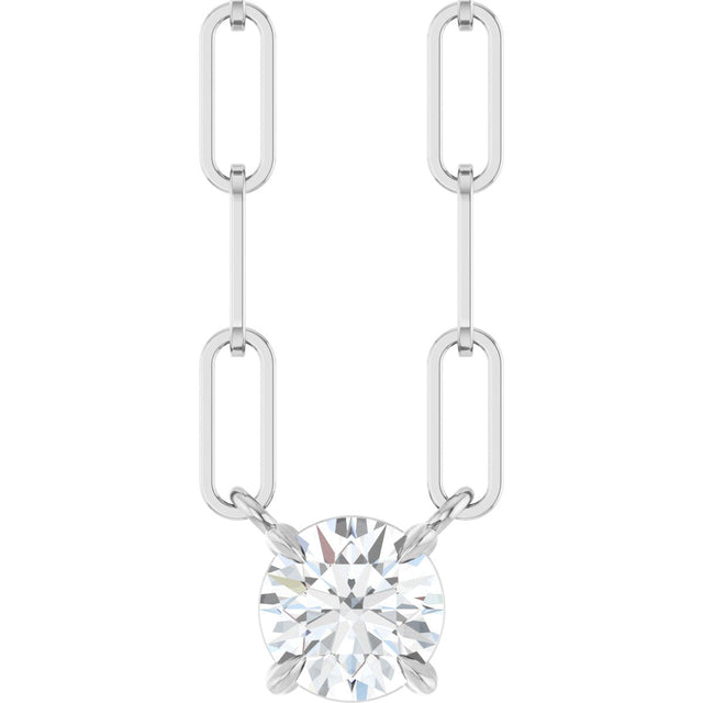 14K Gold Round Natural White Sapphire Solitaire Claw-Prong Necklace - White Gold