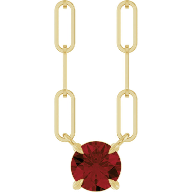 14K Gold Round Natural Mozambique Garnet Solitaire Claw-Prong Necklace - Yellow Gold