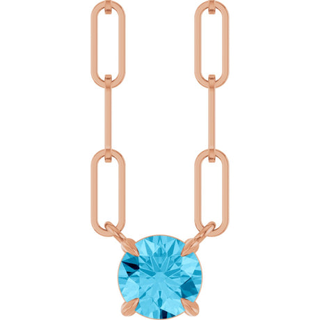 14K Gold Round Natural Aquamarine Solitaire Claw-Prong Necklace - Rose Gold