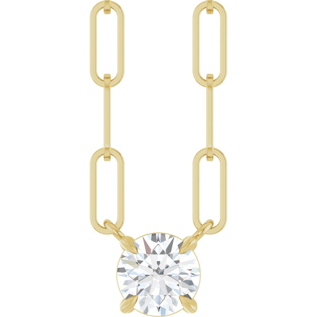 14K Gold Round Natural White Sapphire Solitaire Claw-Prong Necklace - Yellow Gold