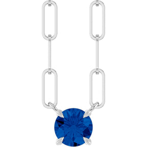 14K Gold Round Natural Blue Sapphire Solitaire Claw-Prong Necklace - White Gold