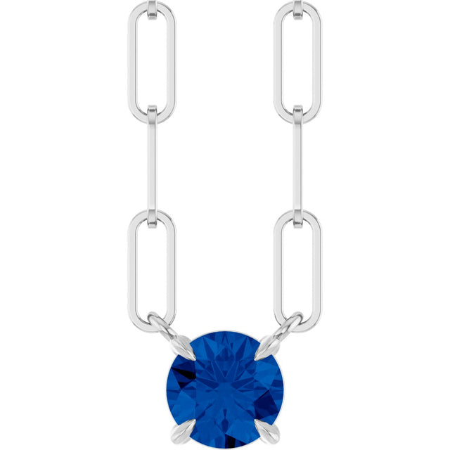 14K Gold Round Lab-Grown Blue Sapphire Solitaire Claw-Prong Necklace - White Gold