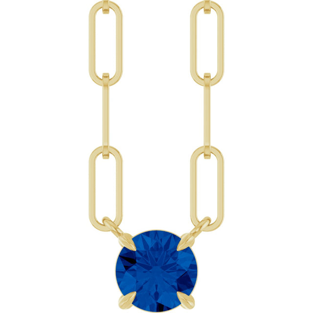 14K Gold Round Natural Blue Sapphire Solitaire Claw-Prong Necklace - Yellow Gold