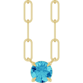 14K Gold Round Natural Blue Zircon Solitaire Claw-Prong Necklace - Yellow Gold