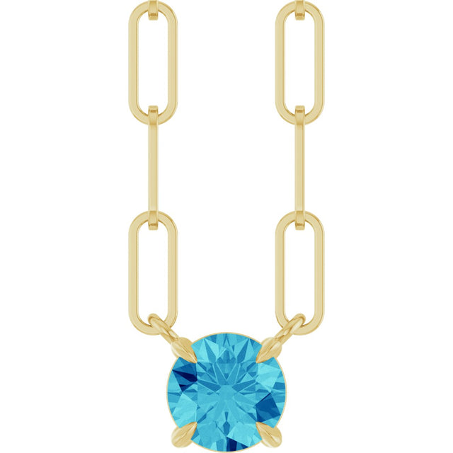 14K Gold Round Natural Blue Zircon Solitaire Claw-Prong Necklace - Yellow Gold