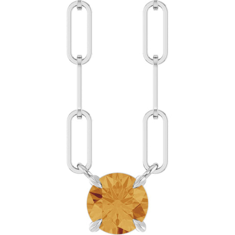 14K Gold Round Natural Citrine Solitaire Claw-Prong Necklace - White Gold