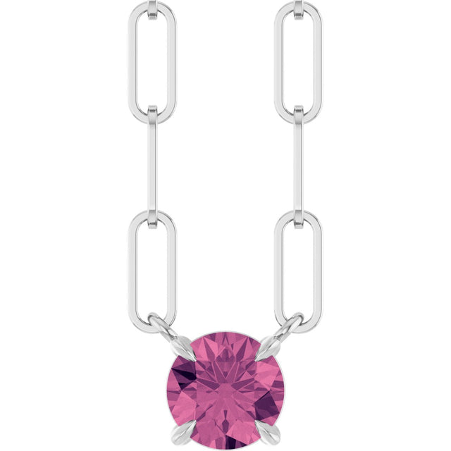 14K Gold Round Natural Pink Tourmaline Solitaire Claw-Prong Necklace - White Gold