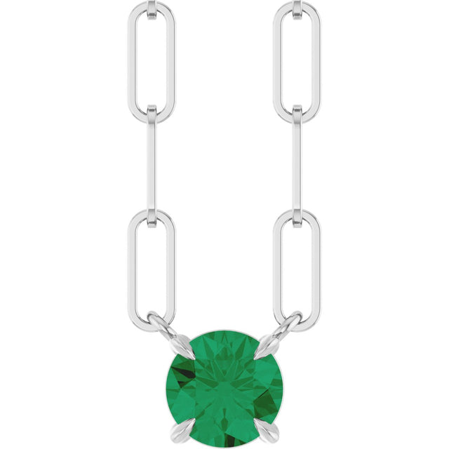 14K Gold Round Lab-Grown Emerald Solitaire Claw-Prong Necklace - White Gold