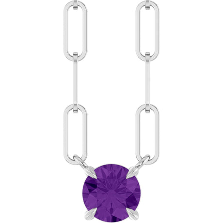 14K Gold Round Natural Amethyst Solitaire Claw-Prong Necklace - White Gold