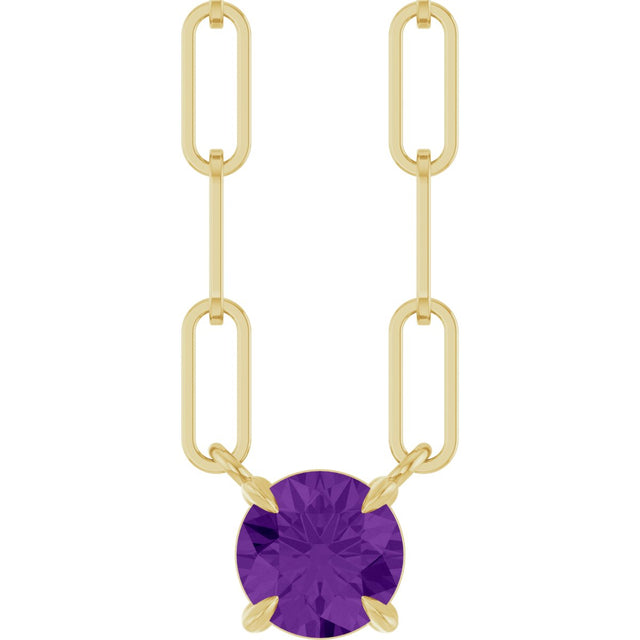 14K Gold Round Natural Amethyst Solitaire Claw-Prong Necklace - Yellow Gold