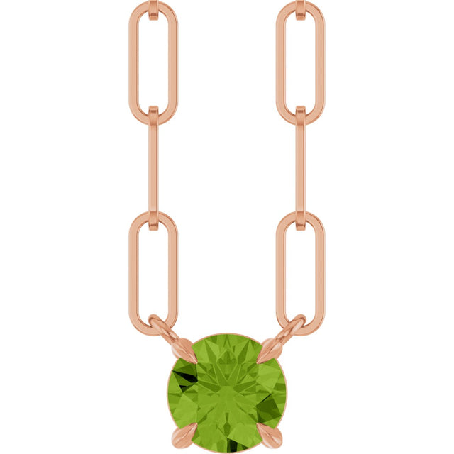 14K Gold Round Natural Peridot Solitaire Claw-Prong Necklace - Rose Gold