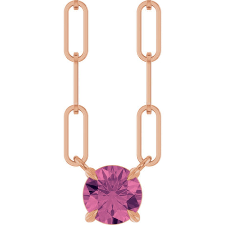 14K Gold Round Natural Pink Tourmaline Solitaire Claw-Prong Necklace - Rose Gold